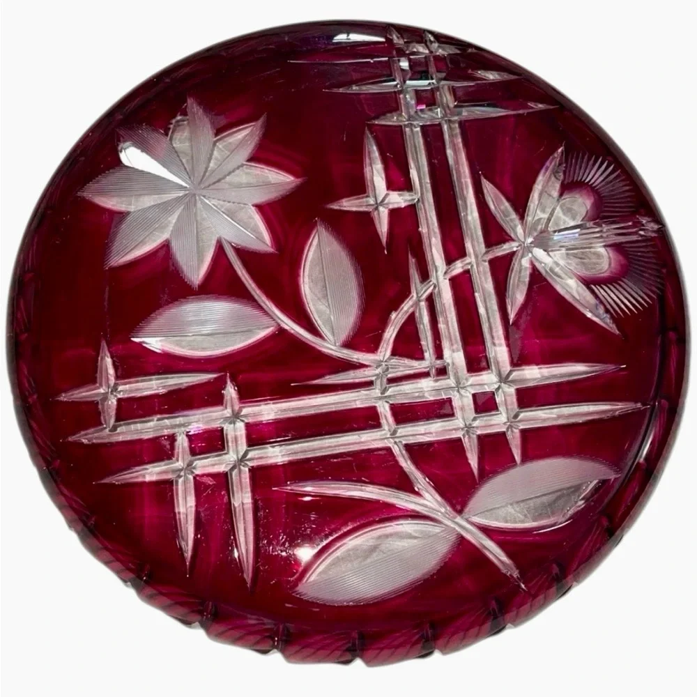 Bohemian Czech Ruby Cut to Clear Crystal Bowl Plate Centerpiece 11